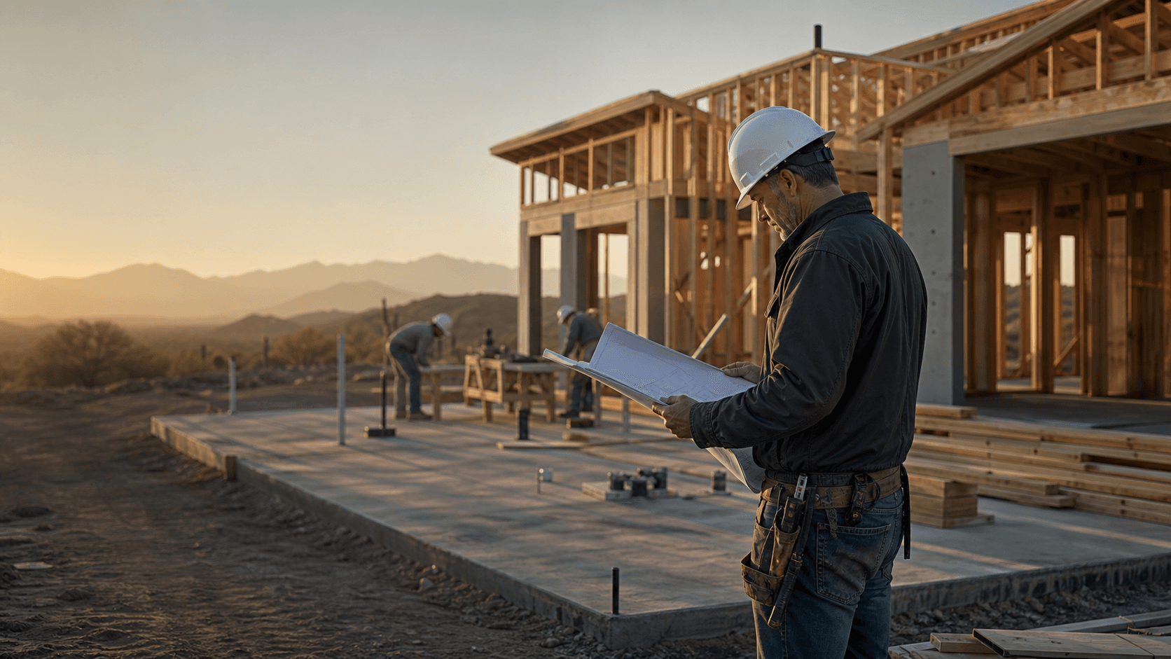 A construction superintendent reviewing plans at a custom home jobsite